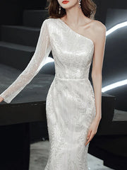 Long Sleeve Sequin Champagne Prom Dress