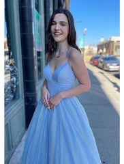 Ball Gown A-Line Prom Dresses Sparkle & Shine Dress Formal Floor Length Sleeveless V Neck Tulle Backless with Pleats
