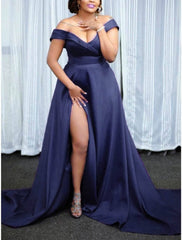 A-Line Bridesmaid Dress V Neck / Off Shoulder Short Sleeve Elegant Court Train Satin with Split Front - RongMoon