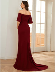 Mermaid / Trumpet Maternity Dresses Maternity Dress Formal Court Train Short Sleeve Off Shoulder Stretch Fabric with Ruched Pure Color