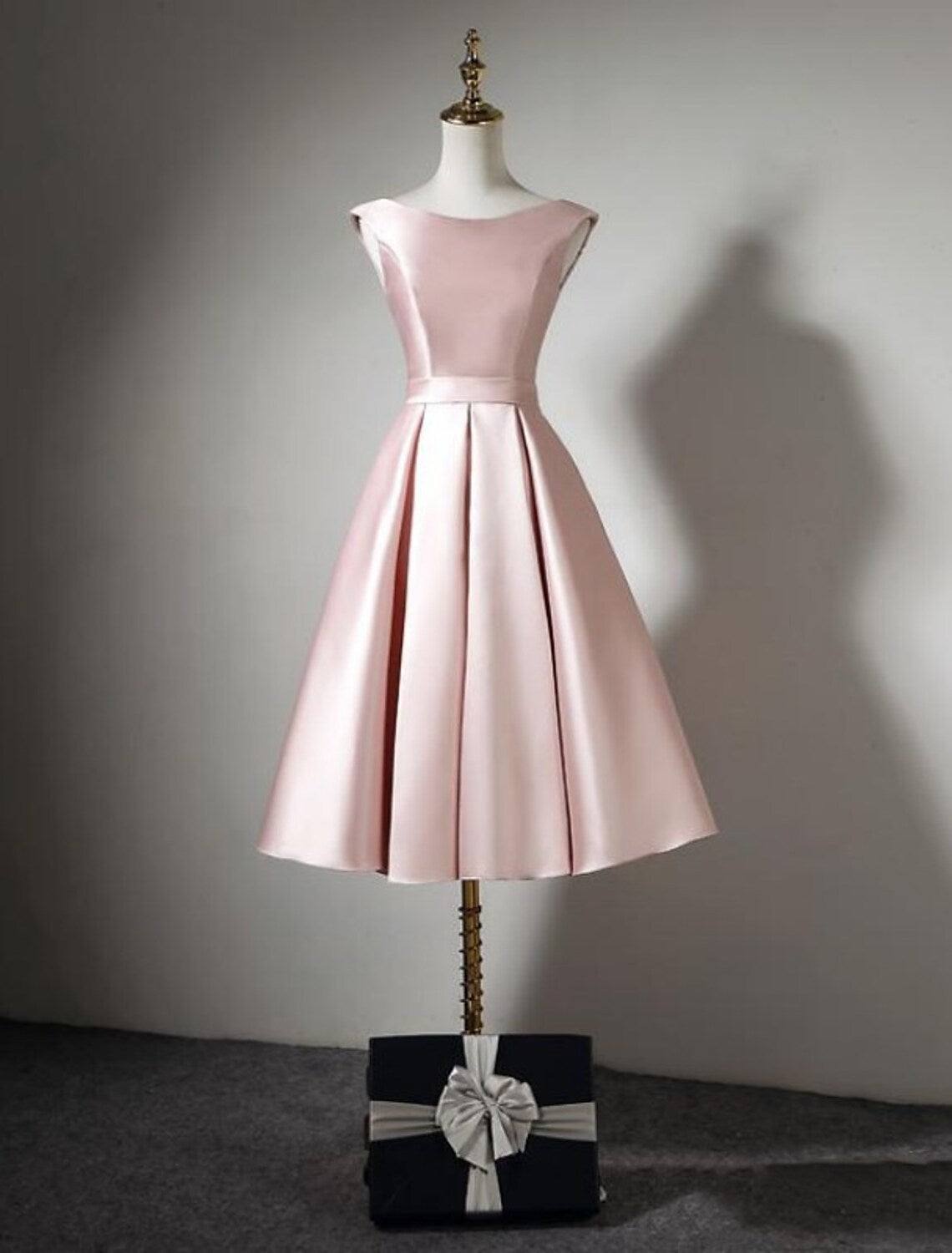 A-Line Bridesmaid Dress Off Shoulder Sleeveless Elegant Tea Length Satin with Bow(s) / Pleats - RongMoon
