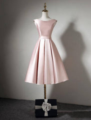 A-Line Bridesmaid Dress Off Shoulder Sleeveless Elegant Tea Length Satin with Bow(s) / Pleats - RongMoon