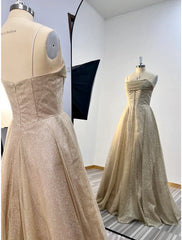 A-Line Prom Dresses Corsets Dress Wedding Party Sweep / Brush Train Sleeveless Spaghetti Strap Tulle with Glitter Pleats