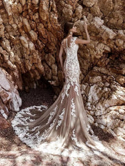 Engagement Formal Wedding Dresses Mermaid / Trumpet Illusion Neck Cap Sleeve Court Train Lace Bridal Gowns With Appliques