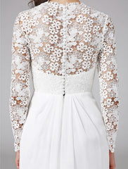 Beach Royal Style Boho Wedding Dresses Sweep / Brush Train Sheath / Column Long Sleeve Illusion Neck Chiffon With Lace Button