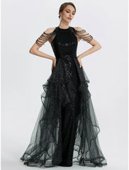 Mermaid / Trumpet Prom Dresses Black Dress Dress Quinceanera Floor Length Short Sleeve Jewel Neck Tulle with Beading