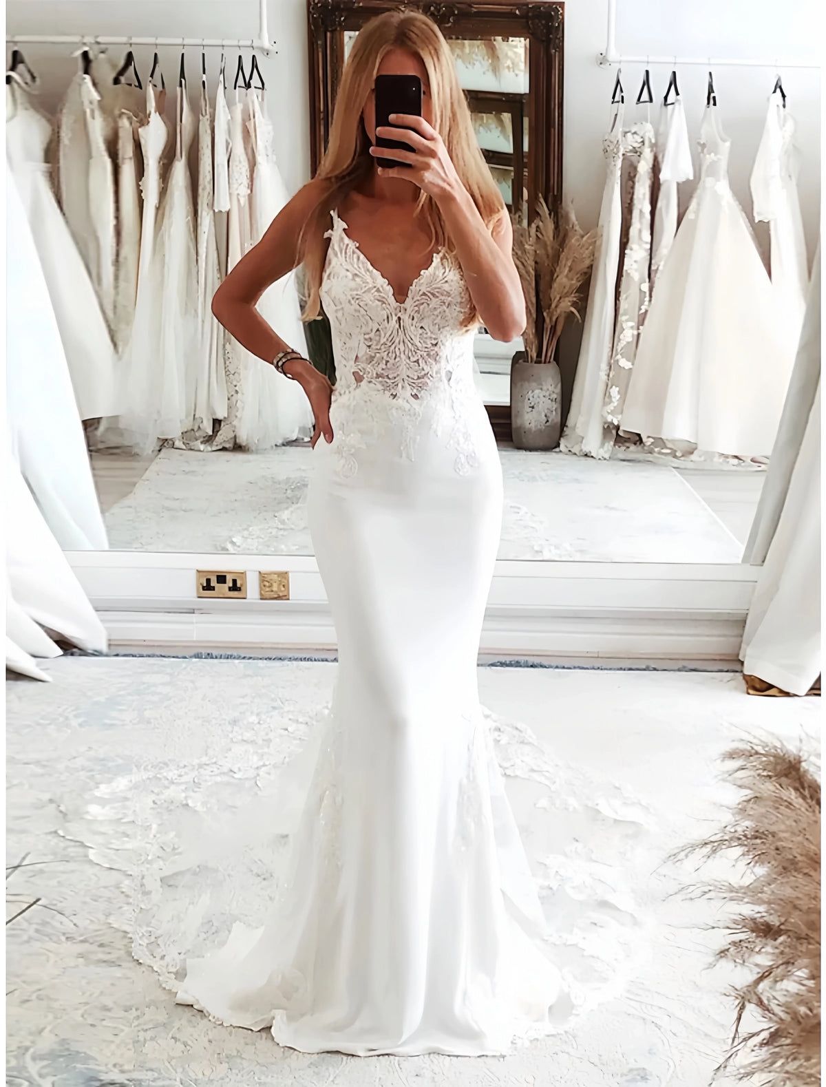 Trumpet Mermaid V Neck Backless Wedding Dress