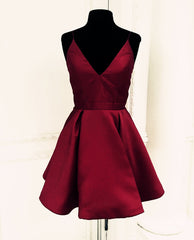 Short Satin V-neck Spaghetti Straps Prom Homecoming Dresses