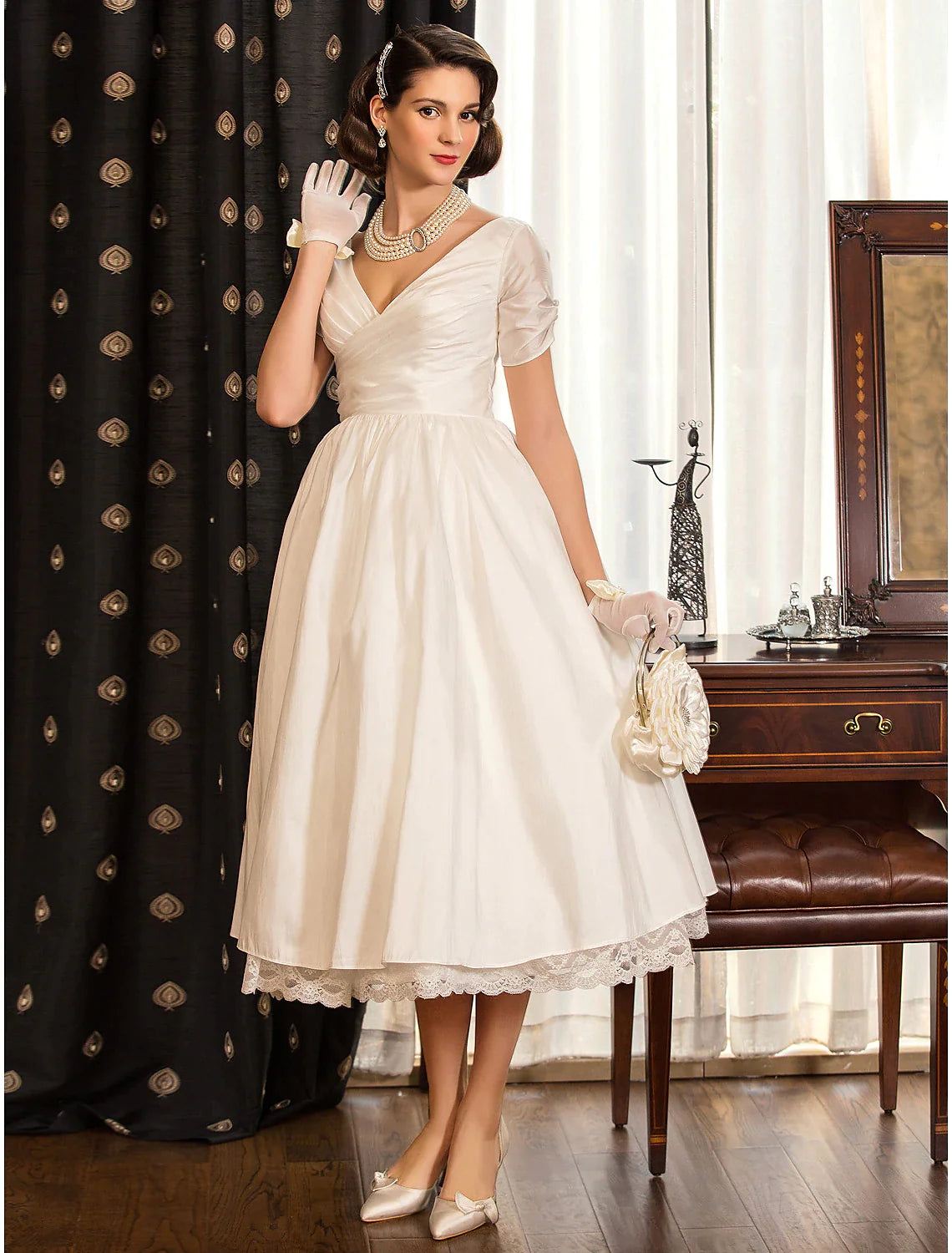Bridal Shower Vintage 1940s / 1950s Little White Dresses Wedding Dresses Tea Length A-Line Short Sleeve V Neck Satin With Lace Criss Cross