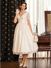 Bridal Shower Vintage 1940s / 1950s Little White Dresses Wedding Dresses Tea Length A-Line Short Sleeve V Neck Satin With Lace Criss Cross