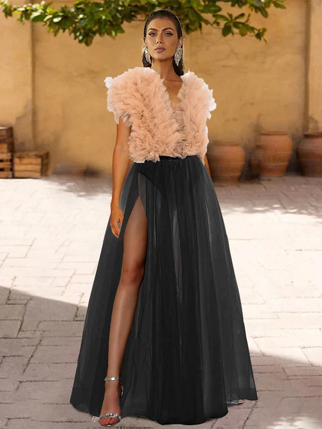 Sheath / Column Prom Dresses Princess Dress Prom Floor Length Short Sleeve V Neck Detachable Tulle with Pleats Slit