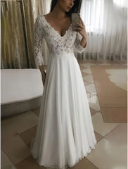 Lace V Neck A Line Long Sleeve Wedding Dress