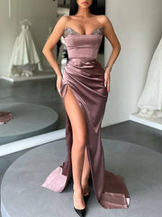 High Split Strapless Sleeveless Satin Prom Dress with Slit