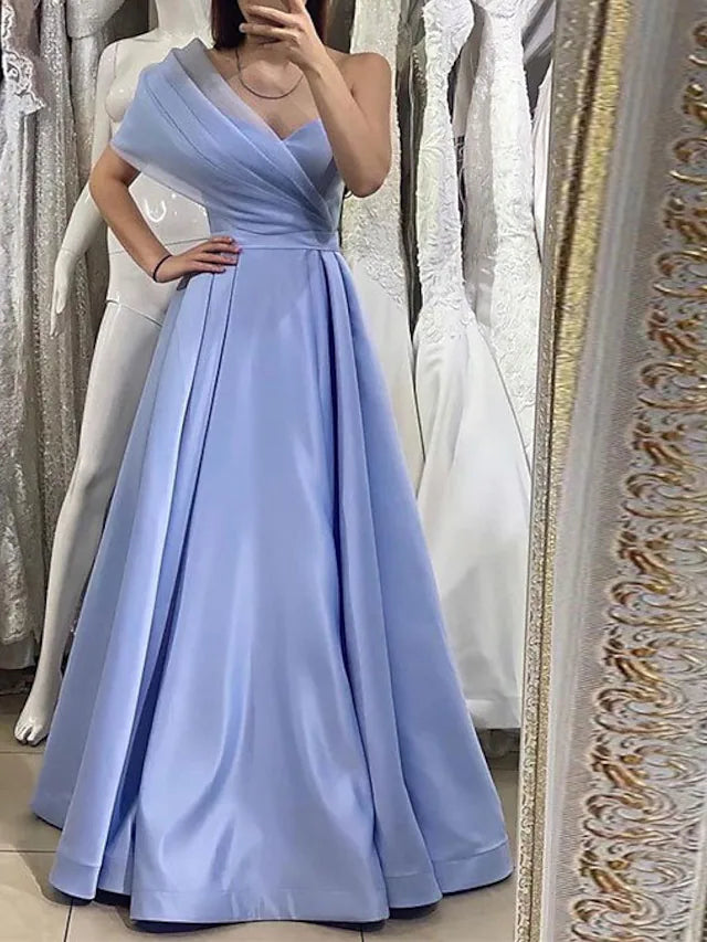 Blue Pleats Tulle One Shoulder Prom Dress