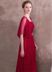 Lace Square Burgundy Evening Dress With Beadings & Belt