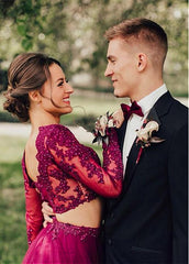 Tulle Bateau Burgundy Long Evening Dress With Beaded