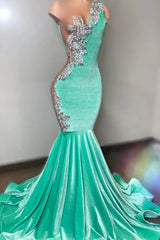 Mint Green Velvet Crstyal Sheer Mermaid Prom Dress