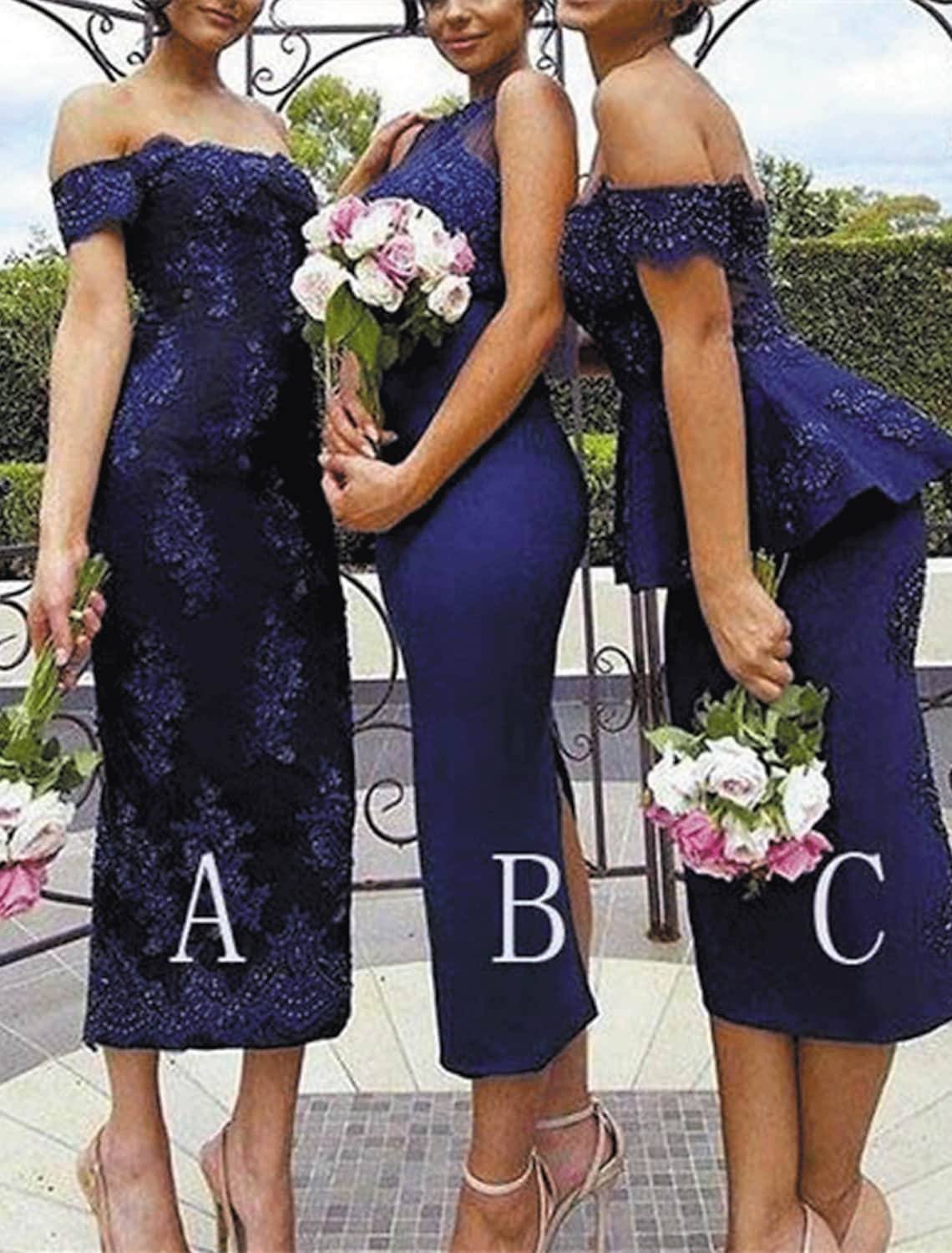 Mermaid / Trumpet Bridesmaid Dress Off Shoulder Short Sleeve Sexy Tea Length Lace / Stretch Fabric with Appliques - RongMoon