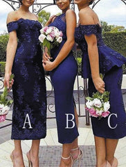 Mermaid / Trumpet Bridesmaid Dress Off Shoulder Short Sleeve Sexy Tea Length Lace / Stretch Fabric with Appliques - RongMoon