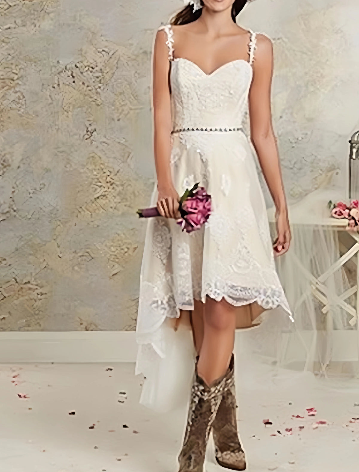 Lace High Low Short Beading Straps Wedding Dress