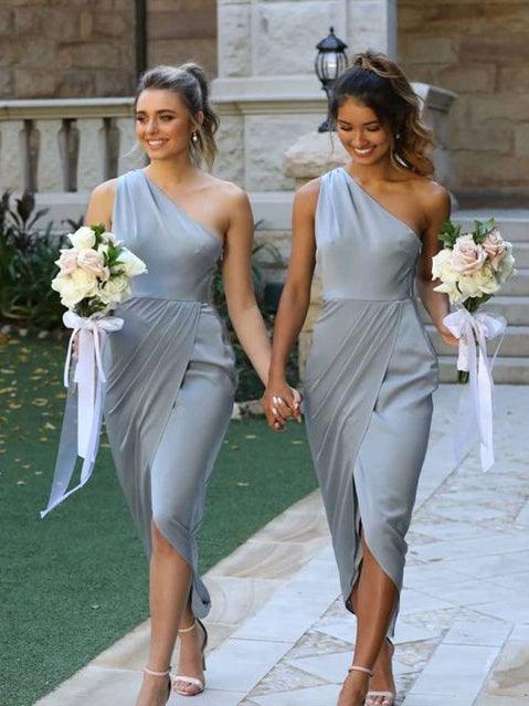 One Shoulder Long Mermaid Jersey Bridesmaid Dresses, Grey Long Bridesmaid Dresses, Long Bridesmaid Dresses - RongMoon