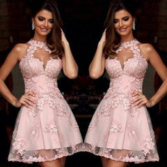 Elegant  A-line Pink Halter Lace Appliques Sleeveless Backless V-neck  Knee-length Homecoming Dress,BD0102