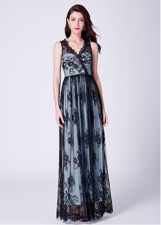 Lace V-neck Black Long A-line Prom Dress