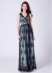 Lace V-neck Black Long A-line Prom Dress
