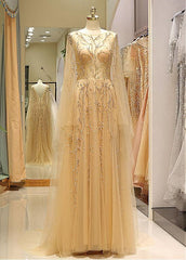 Tulle Jewel Long Sleeve Gold Beading Prom Evening Dress