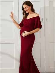 Mermaid / Trumpet Maternity Dresses Maternity Dress Formal Court Train Short Sleeve Off Shoulder Stretch Fabric with Ruched Pure Color