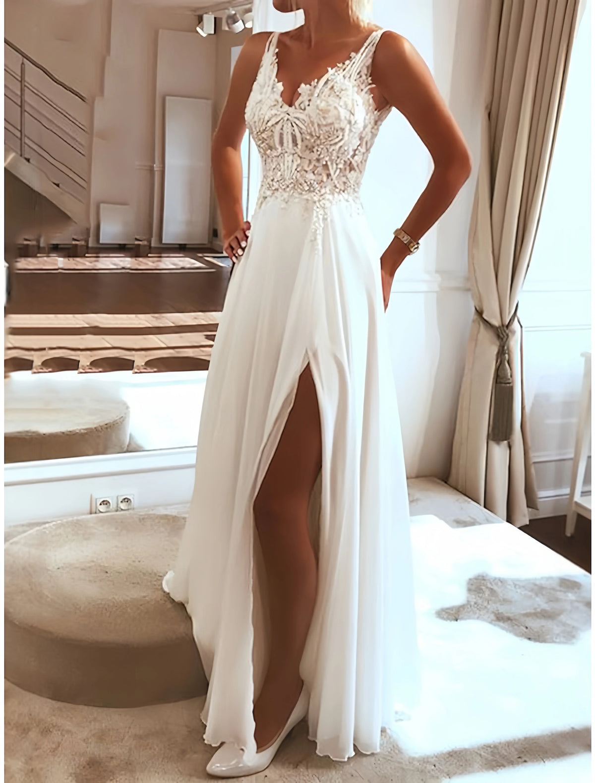 V Neck A Line Chiffon Appliques Wedding Dress With Slit