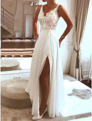 V Neck A Line Chiffon Appliques Wedding Dress With Slit