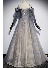 A-Line Prom Dresses Glittering Dress Wedding Guest Floor Length 3/4 Length Sleeve Spaghetti Strap Tulle with Sequin Embroidery