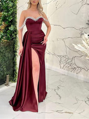 Slit Beading Burgundy Satin Prom Dress