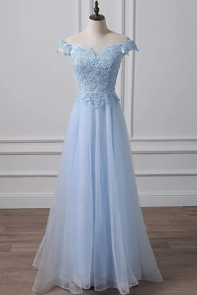 Elegant Off Shoulder Long Sky Blue Lace Prom Dress, Off Shoulder Sky Blue Formal Dress, Sky Blue Lace Evening Dress - RongMoon