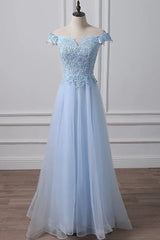 Elegant Off Shoulder Long Sky Blue Lace Prom Dress, Off Shoulder Sky Blue Formal Dress, Sky Blue Lace Evening Dress - RongMoon