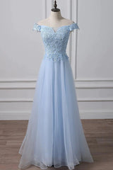 Elegant Off Shoulder Long Sky Blue Lace Prom Dress, Off Shoulder Sky Blue Formal Dress, Sky Blue Lace Evening Dress - RongMoon