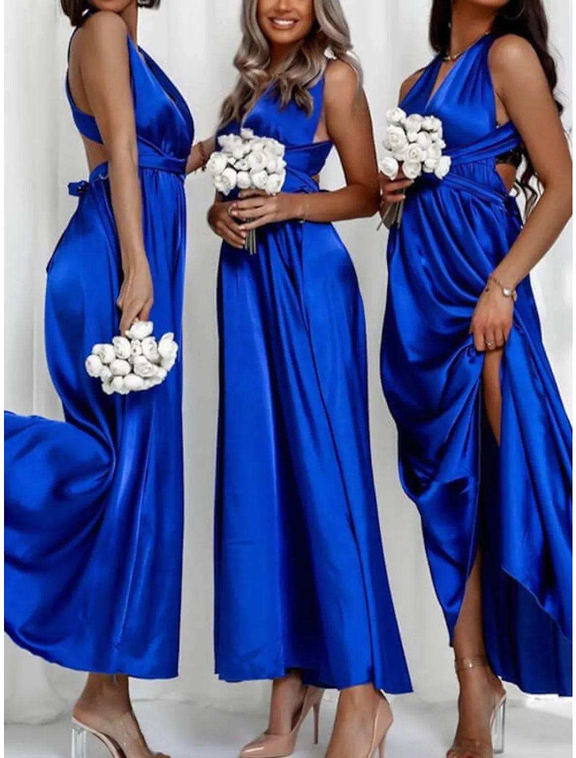 A-Line Bridesmaid Dress V Neck Sleeveless Beautiful Back Ankle Length Charmeuse with Bandage / Solid Color - RongMoon