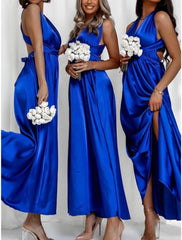 A-Line Bridesmaid Dress V Neck Sleeveless Beautiful Back Ankle Length Charmeuse with Bandage / Solid Color - RongMoon