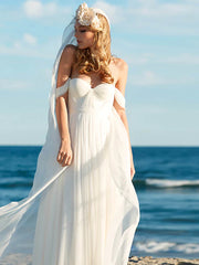 Beach Sexy Boho Wedding Dresses Floor Length A-Line Cap Sleeve Off Shoulder Chiffon With Pleats Solid Color