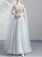 Gray Long Sleeve Tulle Beading Prom Dress