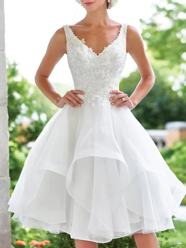 Little White Dresses Wedding Dresses Knee Length A-Line Sleeveless V Neck Lace With Appliques Cascading Ruffles - RongMoon