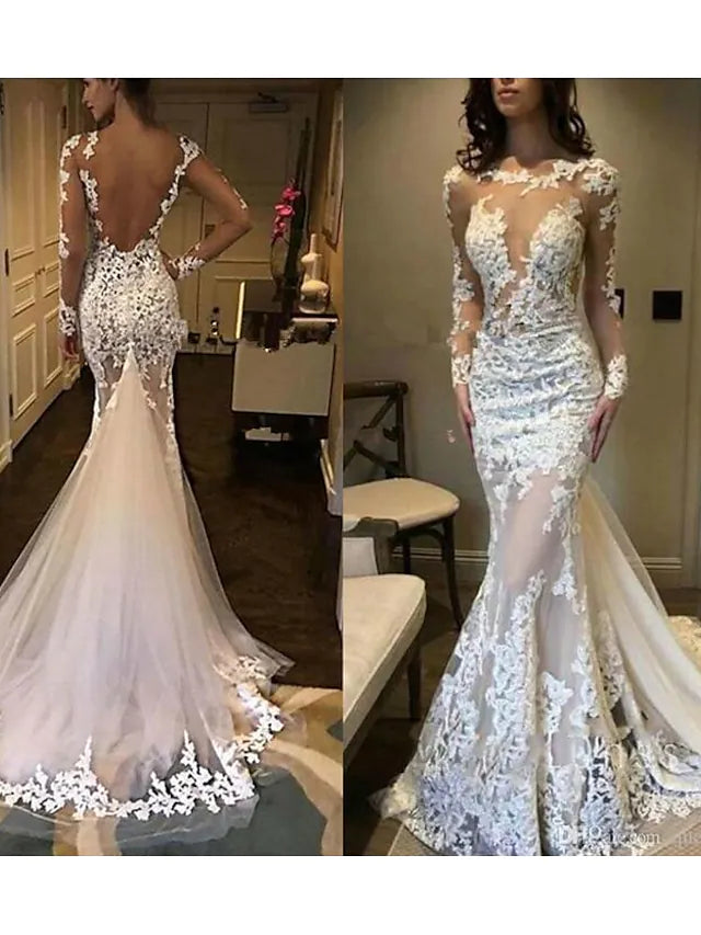 Engagement Formal Wedding Dresses Court Train Mermaid / Trumpet Long Sleeve Jewel Neck Lace With Pleats Appliques - RongMoon