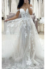 A Line Off The Shoulder Lace Tulle Long Wedding Dress