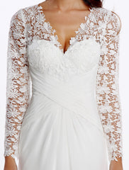 Beach Boho Wedding Dresses Sweep / Brush Train Sheath / Column Long Sleeve V Neck Chiffon With Lace Buttons