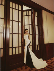 Mermaid / Trumpet Evening Gown Color Block Dress Engagement Court Train Sleeveless Strapless Stretch Satin with Slit