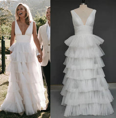 A Line Deep V Neck  Tiered Floor Length Long Wedding Dress