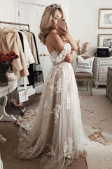 A Line Off Shoulder Lace Boho Wedding Dress