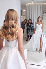 Satin Strapless Sweetheart Side Slit Wedding Dress