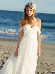 Beach Sexy Boho Wedding Dresses Floor Length A-Line Cap Sleeve Off Shoulder Chiffon With Pleats Solid Color